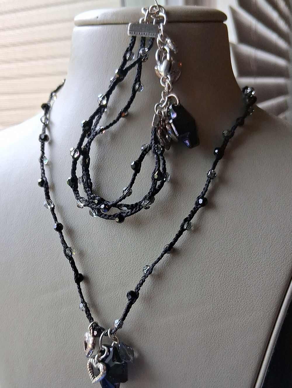 Elegant Black Beaded  Necklace with Charms and Multi-stranded Matching Bracelet